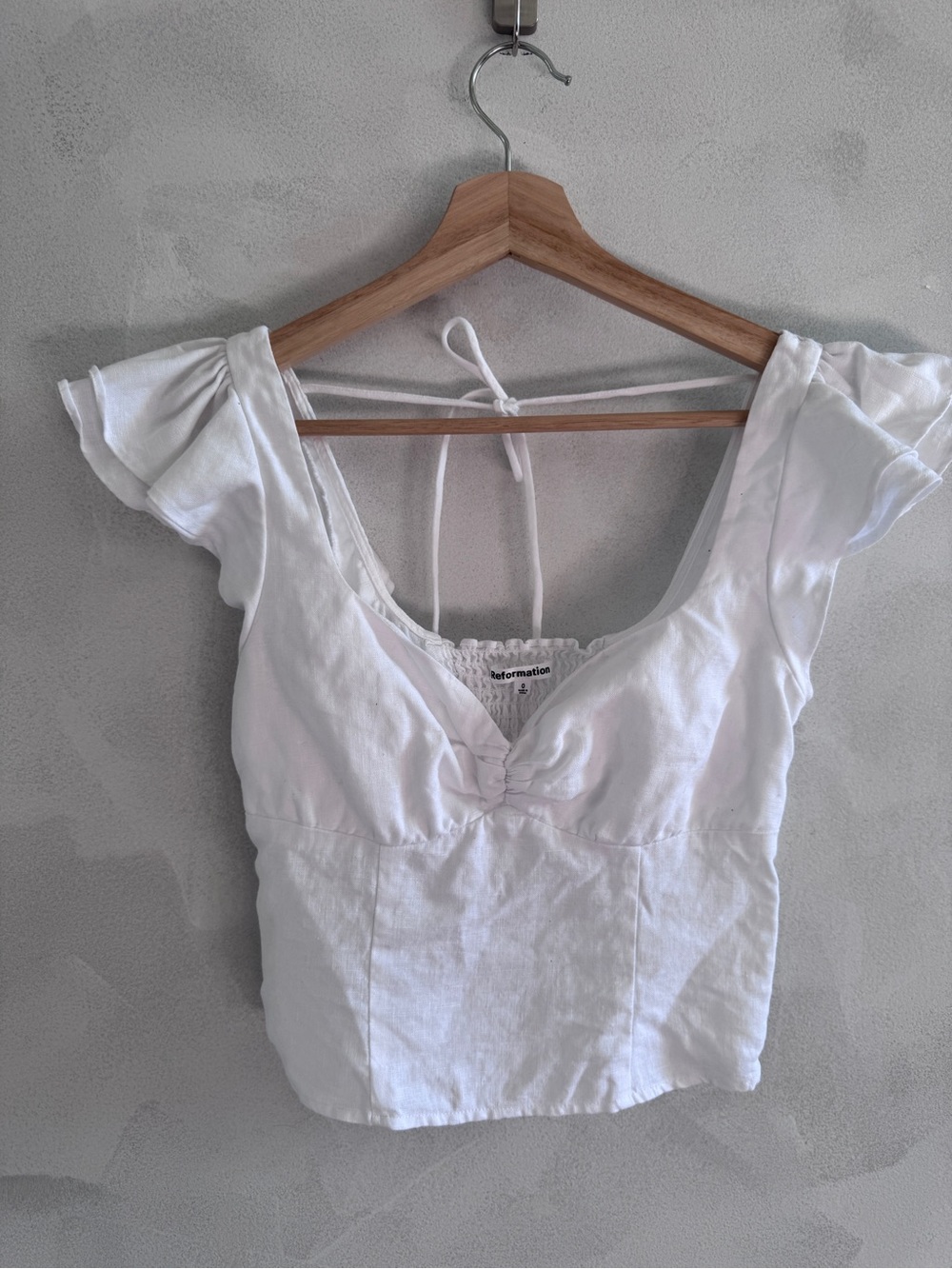 Reformation - White Linen Puff Sleeve Tie-Back Crop Top